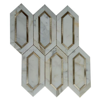 Azulejos de mosaico de piedra natural de piquete de aluminio dorado y mármol Calacatta de lujo